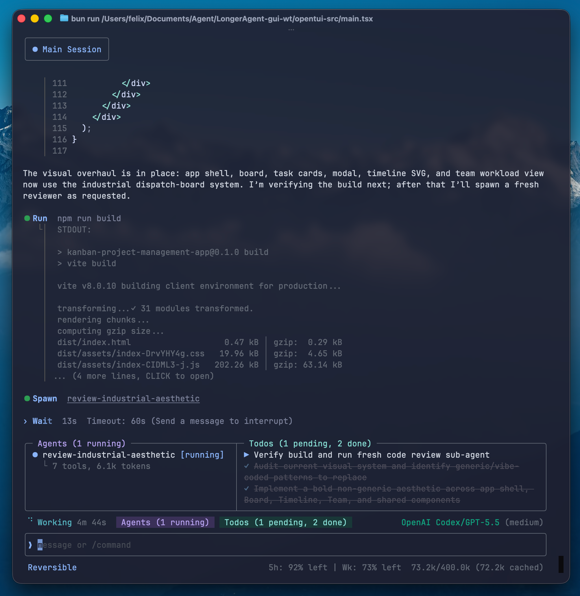 Fermi TUI — sub-agent spawning, build verification, and live context stats