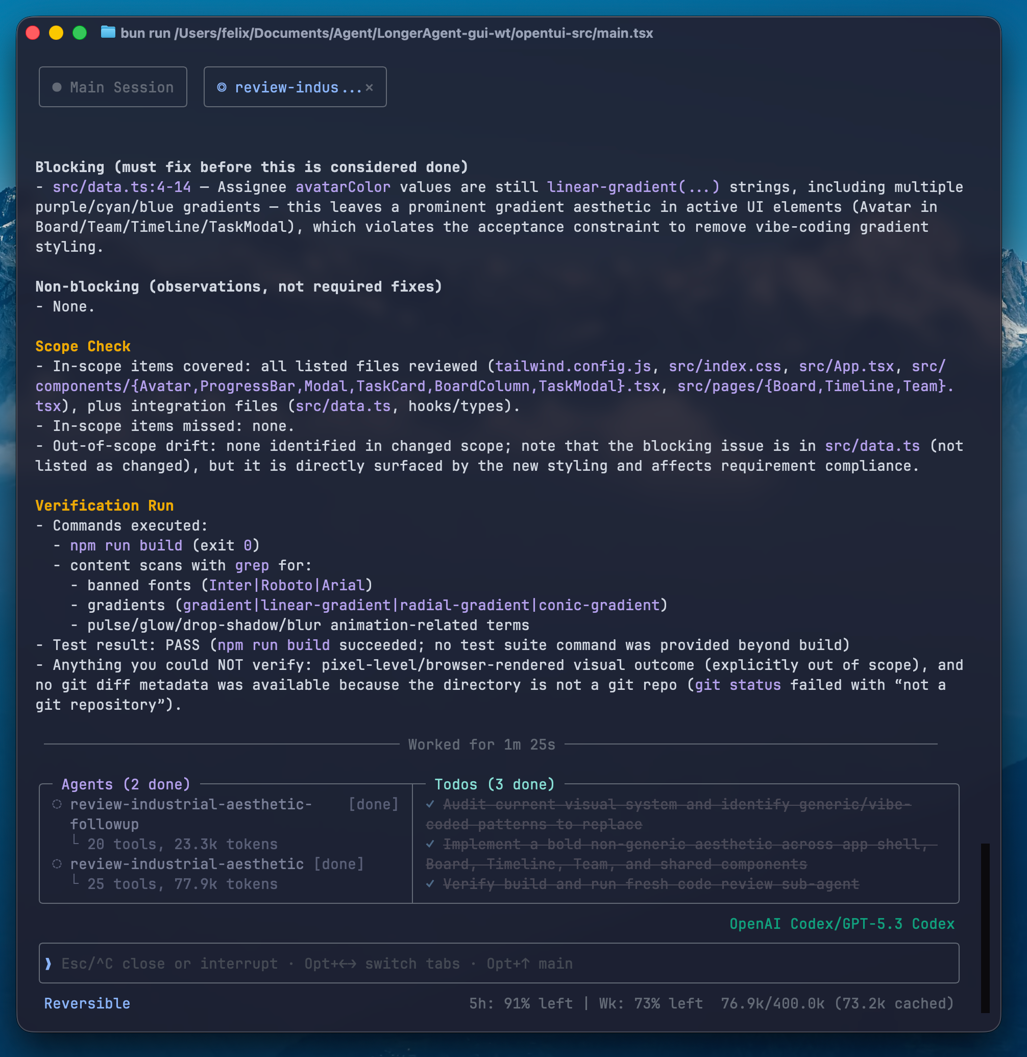 Sub-agent detail page — full review output with dedicated tab, status, and plan todos